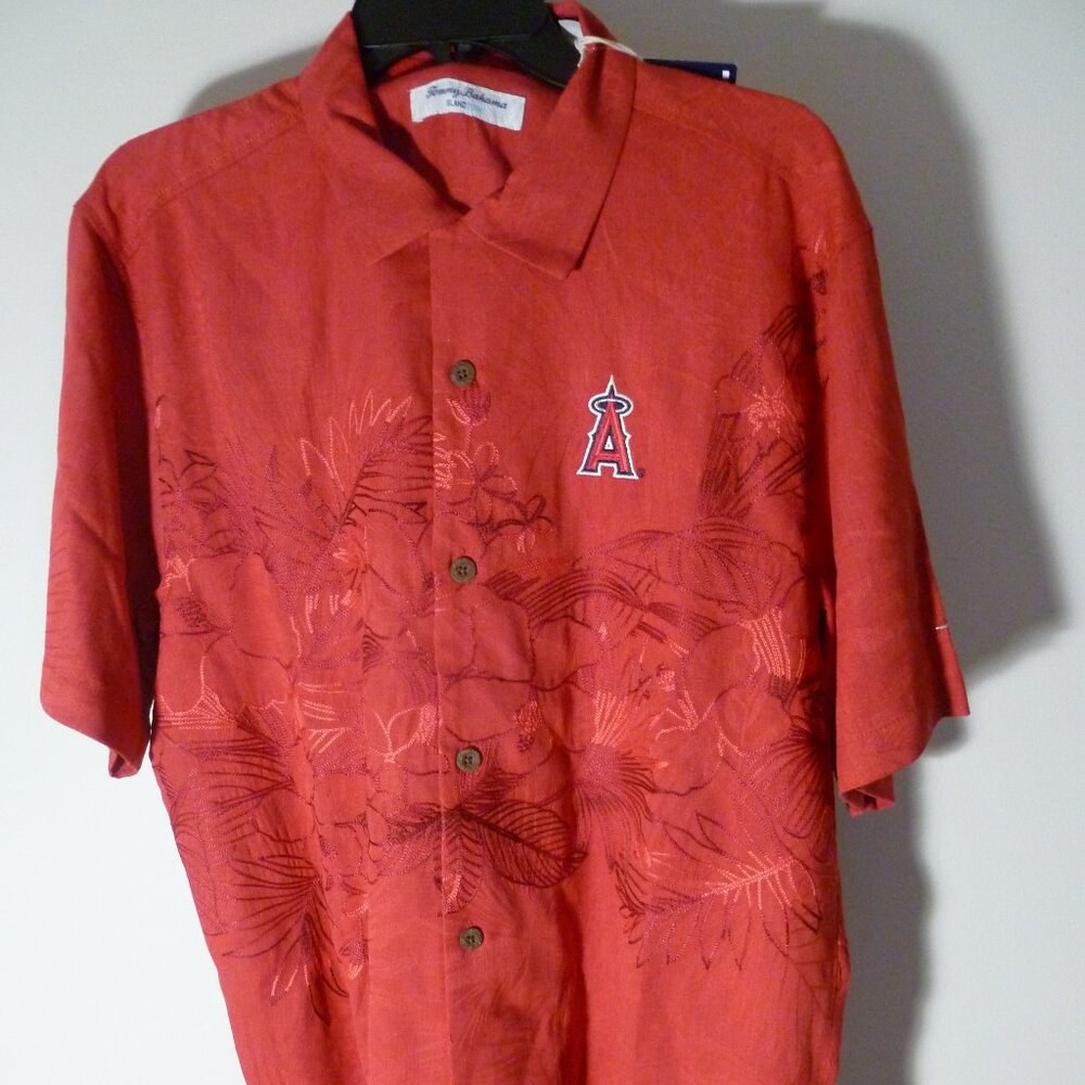NWT TOMMY BAHAMA CAMP BUTTON DOWN SILK BLEND SHIRT LOS ANGELES ANGELS - MEDIUM